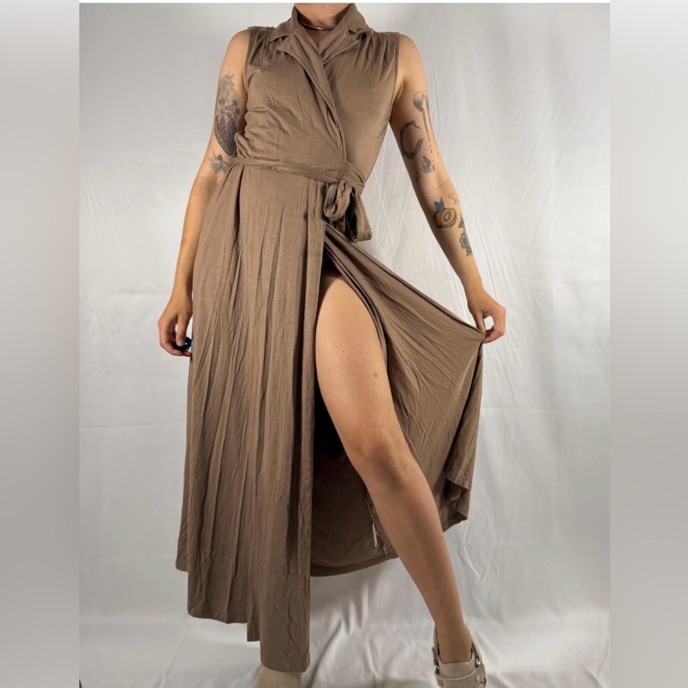 Anthropologie Taupe Brown Sleeveless Wrap Maxi Dress